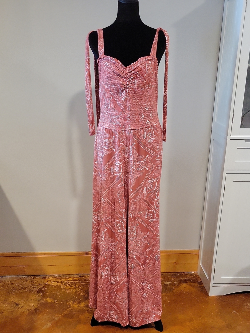 Women's coral flowy wide leg Jumpsuit with Paisley Print
